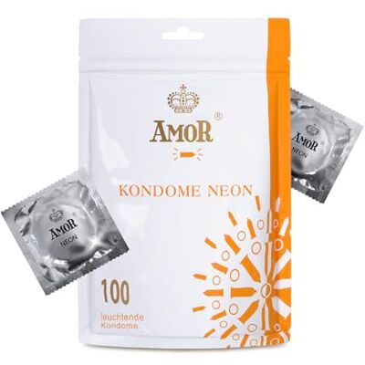 AMOR Preservativos Premium Neon, preservativos luminiscentes, Ø 53 mm, paquete de 100 AMOR Preservativos Premium Neon, preservativos luminiscentes, Ø 53 mm, paquete de 100