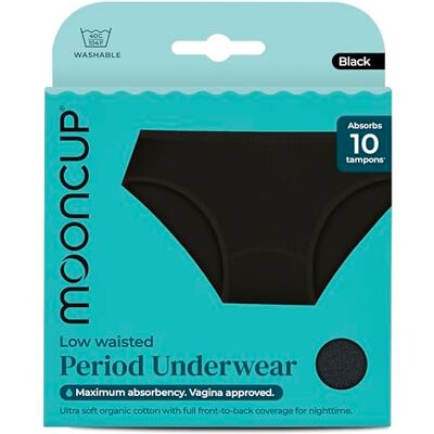 Mooncup Bragas Menstruales de Cintura Baja, Absorben Hasta 10 Tampones, Lavables a Máquina, XS Talla UK 8, Negro (Pack de 1) Mooncup Bragas Menstruales de Cintura Baja, Absorben Hasta 10 Tampones, Lavables a Máquina, XS Talla UK 8, Negro (Pack de 1)
