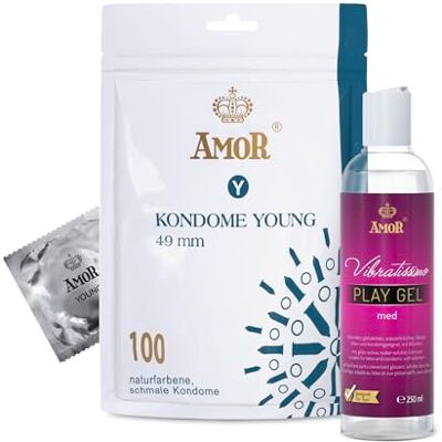 AMOR Lote de preservativos Premium y gel lubricante: compañeros ideales para el buen sexo. 100 preservativos, Ø 49 mm + Play Gel med de Vibratissimo, 250 ml AMOR Lote de preservativos Premium y gel lubricante: compañeros ideales para el buen sexo. 100 preservativos, Ø 49 mm + Play Gel med de Vibratissimo, 250 ml