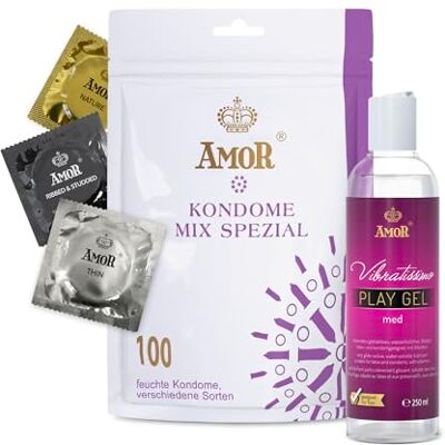 AMOR Lote de preservativos Premium y gel lubricante: compañeros ideales para el buen sexo. 100 preservativos Mix Special, Ø 53 mm, 5 variedades + Play Gel med de Vibratissimo, 250 ml AMOR Lote de preservativos Premium y gel lubricante: compañeros ideales para el buen sexo. 100 preservativos Mix Special, Ø 53 mm, 5 variedades + Play Gel med de Vibratissimo, 250 ml