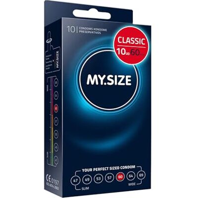 MY.SIZE Classic Condones talla 5 Ancho 60 mm Paquete estándar 10 unidades Preservativos premium extra delgados Ultra sensibles y delicados Grosor 0,07 mm Veganos MY.SIZE Classic Condones talla 5 Ancho 60 mm Paquete estándar 10 unidades Preservativos premium extra delgados Ultra sensibles y delicados Grosor 0,07 mm Veganos