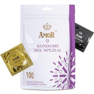AMOR Preservativos Premium Mix Special, gran variedad, paquete de muestra, Ø 53/54 mm, paquete de 100 AMOR Preservativos Premium Mix Special, gran variedad, paquete de muestra, Ø 53/54 mm, paquete de 100