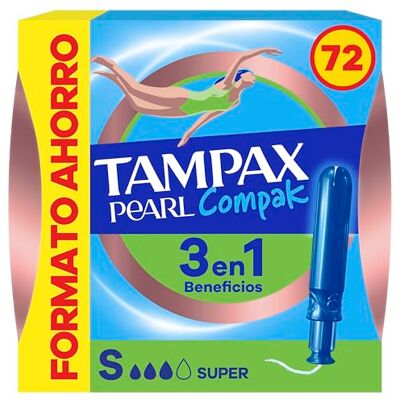 Tampax Tampones Pearl Compak Super Con Aplicador Suave, Pack de 72, 3 en 1 Protección Antifugas, Comodidad Y Fácil Inserción Tampax Tampones Pearl Compak Super Con Aplicador Suave, Pack de 72, 3 en 1 Protección Antifugas, Comodidad Y Fácil Inserción