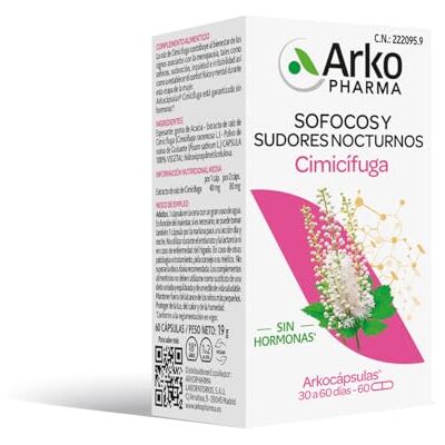Arkopharma Arkocápsulas Cimicífuga, 60 Cápsulas, Menopausia, Sin Hormonas Con Cimicifuga racemosa para el bienestar femenino en la menopausia. Fórmula vegetal. Apto veganos. Arkopharma Arkocápsulas Cimicífuga, 60 Cápsulas, Menopausia, Sin Hormonas Con Cimicifuga racemosa para el bienestar femenino en la menopausia. Fórmula vegetal. Apto veganos.