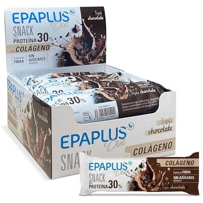 EPAPLUS Diet Barritas Proteína Colágeno Triple chocolate 50 g Pack 12 Cada barrita aporta 30% proteínas, 6 g de colágeno y fibra, sin azúcares añadidos EPAPLUS Diet Barritas Proteína Colágeno Triple chocolate 50 g Pack 12 Cada barrita aporta 30% proteínas, 6 g de colágeno y fibra, sin azúcares añadidos