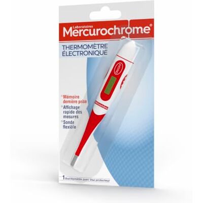 Mercurochrome Termómetro electrónico Pantalla Rápida Sensor Flexible Marca N ° 1 de primeros auxilios, vía rectal, bucal, axilar, preciso, estuche y pilas suministradas Mercurochrome Termómetro electrónico Pantalla Rápida Sensor Flexible Marca N ° 1 de primeros auxilios, vía rectal, bucal, axilar, preciso, estuche y pilas suministradas