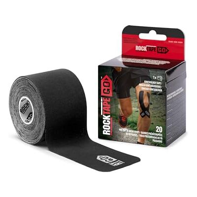 RockTape GO Cinta Kinesiológica Extra-Adhesiva–20 Tiras Pre-Cortadas, 5cm x 25cm–Adhesivo Fuerte,Resistente al Agua, Hipoalergénica para Recuperación Muscular, Alivio del Dolor y Uso Deportivo, Negra RockTape GO Cinta Kinesiológica Extra-Adhesiva–20 Tiras Pre-Cortadas, 5cm x 25cm–Adhesivo Fuerte,Resistente al Agua, Hipoalergénica para Recuperación Muscular, Alivio del Dolor y Uso Deportivo, Negra