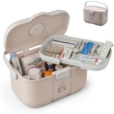 Relaxdays Caja de medicamentos, 4 compartimentos, compartimento para píldoras, bandeja extraíble, botiquín, plástico, 17 x 28 x 18 cm, color beige Relaxdays Caja de medicamentos, 4 compartimentos, compartimento para píldoras, bandeja extraíble, botiquín, plástico, 17 x 28 x 18 cm, color beige