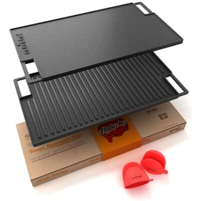 NutriChef Plancha de hierro fundido 45 x 25 cm para inducción y parrilla de gas – Placa reversible antiadherente para carne, barbacoa, teppanyaki, apta para estufas y hornos con asas laterales NutriChef Plancha de hierro fundido 45 x 25 cm para inducción y parrilla de gas – Placa reversible antiadherente para carne, barbacoa, teppanyaki, apta para estufas y hornos con asas laterales