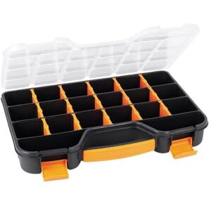 Perel Caja de almacenamiento, máx. 20 compartimentos, 16 separadores, transparente, cubierta apilable, 415 x 286 x 61 mm, negro/amarillo Perel Caja de almacenamiento, máx. 20 compartimentos, 16 separadores, transparente, cubierta apilable, 415 x 286 x 61 mm, negro/amarillo