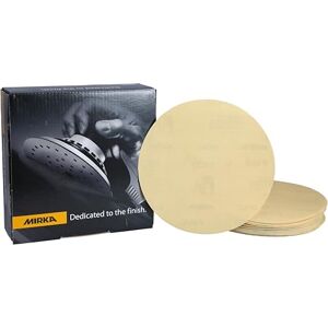 Mirka Gold Papel de lija universal Ø 150mm, autoadhesivo, grano P400, 100 piezas, Para lijar yeso, masilla, aglomerado, madera, barniz Mirka Gold Papel de lija universal Ø 150mm, autoadhesivo, grano P400, 100 piezas, Para lijar yeso, masilla, aglomerado, madera, barniz