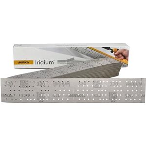Mirka Iridium Premium Papel de lija 70x400mm y 70x198mm / perforado en el centro/cierre adhesivo/grano 320, 50 piezas/Para lijar laca, masilla, imprimación, madera, acero, materiales minerales Mirka Iridium Premium Papel de lija 70x400mm y 70x198mm / perforado en el centro/cierre adhesivo/grano 320, 50 piezas/Para lijar laca, masilla, imprimación, madera, acero, materiales minerales