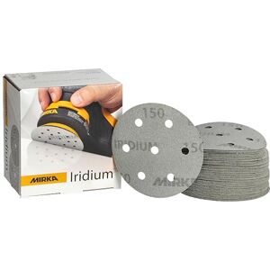 Mirka Iridium papel de lija Premium Ø 90mm cierre adhesivo 7 agujeros, grano 150, 50 piezas/Para lijar laca, masilla, imprimación, madera, acero, materiales minerales, plásticos Mirka Iridium papel de lija Premium Ø 90mm cierre adhesivo 7 agujeros, grano 150, 50 piezas/Para lijar laca, masilla, imprimación, madera, acero, materiales minerales, plásticos