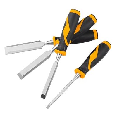 Avilia Juego de 4 cinceles para madera, ideales para escultura y restauración, con mangos de plástico bicomponente antideslizantes y ergonómicos, de 8-12-20-26 mm Avilia Juego de 4 cinceles para madera, ideales para escultura y restauración, con mangos de plástico bicomponente antideslizantes y ergonómicos, de 8-12-20-26 mm