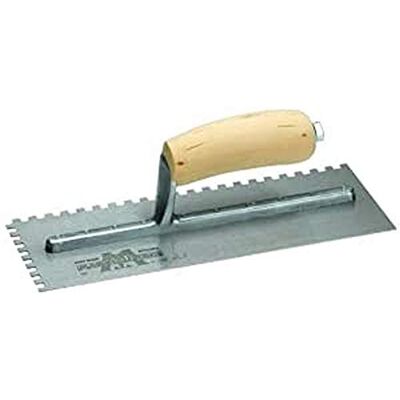 Marshalltown Llana dentada , muesca:SQ-6x10x6 mm con mango curvo de madera, de acero, para baldosas, tamaño: 279x114 mm Marshalltown Llana dentada , muesca:SQ-6x10x6 mm con mango curvo de madera, de acero, para baldosas, tamaño: 279x114 mm