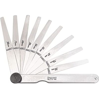 Starrett Conjunto de espesores medidor de espesor, hojas afiladas, 0,04-0,30 mm de espesor, 12,7 mm de ancho, 114 mm de longitud, 9 hojas Starrett Conjunto de espesores medidor de espesor, hojas afiladas, 0,04-0,30 mm de espesor, 12,7 mm de ancho, 114 mm de longitud, 9 hojas
