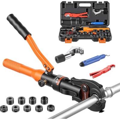 VEVOR Herramienta de Prensado de Tuberías Prensa Hidráulica con 9 Mordazas para PEX, Aluminio-Plástico, Acero Inoxidable y Cobre, con Cabezal de 360°, Estuche, 2 Cortatubos y Herramienta de Desbarbado VEVOR Herramienta de Prensado de Tuberías Prensa Hidráulica con 9 Mordazas para PEX, Aluminio-Plástico, Acero Inoxidable y Cobre, con Cabezal de 360°, Estuche, 2 Cortatubos y Herramienta de Desbarbado