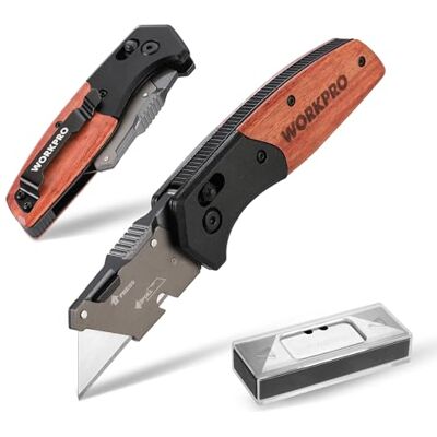 WORKPRO Cúter Plegable con Mango Madera, Cuchillo Plegable de Cambio Rápido, Cortador con Clip para Cinturón, con 10 Cuchillas de Respuesto SK5 WORKPRO Cúter Plegable con Mango Madera, Cuchillo Plegable de Cambio Rápido, Cortador con Clip para Cinturón, con 10 Cuchillas de Respuesto SK5