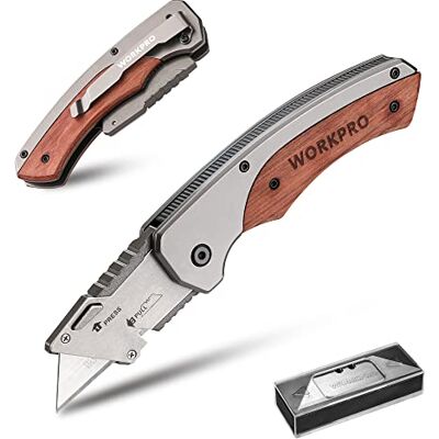 WORKPRO Cúter Plegable con Mango Madera, Cuchillo Plegable de Cambio Rápido, Cortador con Clip para Cinturón, con 10 Cuchillas de Respuesto SK5 WORKPRO Cúter Plegable con Mango Madera, Cuchillo Plegable de Cambio Rápido, Cortador con Clip para Cinturón, con 10 Cuchillas de Respuesto SK5