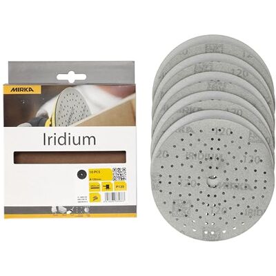 Mirka Iridium papel de lija Premium Ø 150mm cierre adhesivo 121-agujero, grano 120, 10 piezas/Para lijar laca, masilla, imprimación, madera, acero, materiales minerales, plásticos Mirka Iridium papel de lija Premium Ø 150mm cierre adhesivo 121-agujero, grano 120, 10 piezas/Para lijar laca, masilla, imprimación, madera, acero, materiales minerales, plásticos