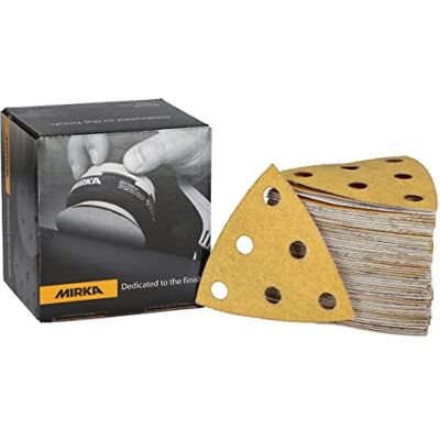 Mirka Gold Triángulo de lijado Papel de lija universal 93x93x93mm / 6 agujeros/grano P120, 100 piezas/Para lijar yeso, masilla, aglomerado, madera, laca Mirka Gold Triángulo de lijado Papel de lija universal 93x93x93mm / 6 agujeros/grano P120, 100 piezas/Para lijar yeso, masilla, aglomerado, madera, laca