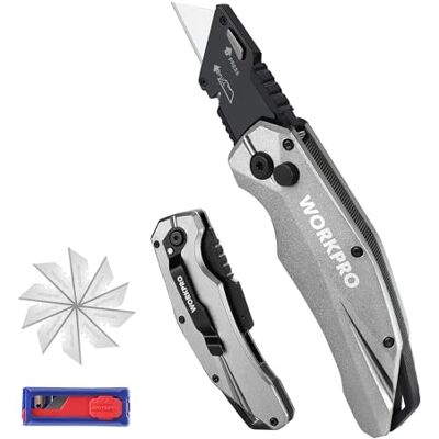 WORKPRO Cutter Plegable, Cortador de SK5, Cuchillo Utilitario con 10 Cuchillas Adicionales, Cúter con Cambio Rápido y Clip para Cinturón, Gris WORKPRO Cutter Plegable, Cortador de SK5, Cuchillo Utilitario con 10 Cuchillas Adicionales, Cúter con Cambio Rápido y Clip para Cinturón, Gris
