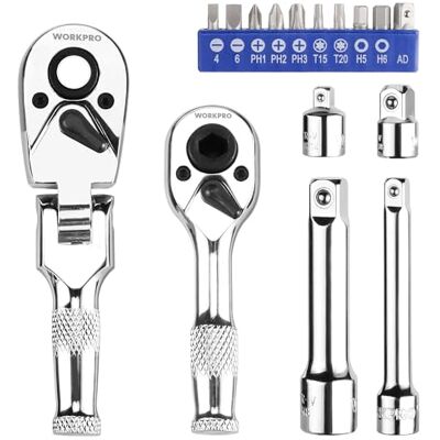 WORKPRO Juego de 2 Mangos de Carraca Cortos con 14 Accesorios, Mango de Carraca Dual de 1/4" con Cabezal de Destornillador, Llave de Trinquete de 3/8" con Cabezal Flexible, Chicharra de 72 Dientes WORKPRO Juego de 2 Mangos de Carraca Cortos con 14 Accesorios, Mango de Carraca Dual de 1/4" con Cabezal de Destornillador, Llave de Trinquete de 3/8" con Cabezal Flexible, Chicharra de 72 Dientes