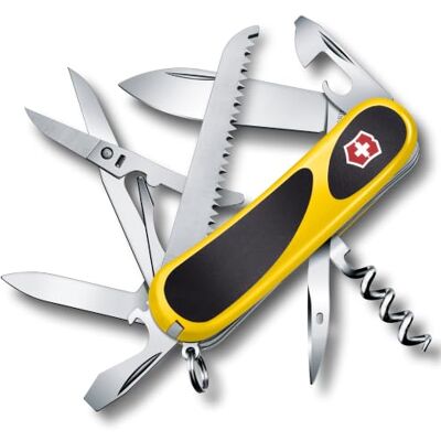 Victorinox Navaja suiza Evolution 17 Grip, 15 funciones, Amarillo/Negro Multiherramienta con hoja, sierra para madera, sacacorchos, tijeras, tamaño mediano, cachas ergonómicas, Victorinox Navaja suiza Evolution 17 Grip, 15 funciones, Amarillo/Negro Multiherramienta con hoja, sierra para madera, sacacorchos, tijeras, tamaño mediano, cachas ergonómicas,