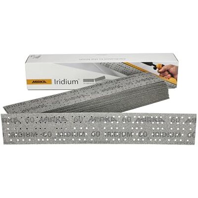 Mirka Iridium Premium Papel de lija 70x400mm y 70x198mm / perforado en el centro/cierre adhesivo/grano 60, 50 piezas/Para lijar laca, masilla, imprimación, madera, acero, materiales minerales Mirka Iridium Premium Papel de lija 70x400mm y 70x198mm / perforado en el centro/cierre adhesivo/grano 60, 50 piezas/Para lijar laca, masilla, imprimación, madera, acero, materiales minerales