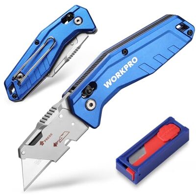 WORKPRO Cúter Plegable, Cuchillo Plegable de Aluminio, Cortador Universal, Cutter con cambio Rápido, Cuchillo para Alfombras con 10 Hojas Adicionales SK5 WORKPRO Cúter Plegable, Cuchillo Plegable de Aluminio, Cortador Universal, Cutter con cambio Rápido, Cuchillo para Alfombras con 10 Hojas Adicionales SK5