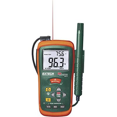 EXTECH Combinación de medidor de humedad y termómetro infrarrojo RH 10-95%, Lufttemp, berührungsloses IR mit Laserpointer, Doppel-hintergrundbel. LCD, Max/Datenhaltung EXTECH Combinación de medidor de humedad y termómetro infrarrojo RH 10-95%, Lufttemp, berührungsloses IR mit Laserpointer, Doppel-hintergrundbel. LCD, Max/Datenhaltung