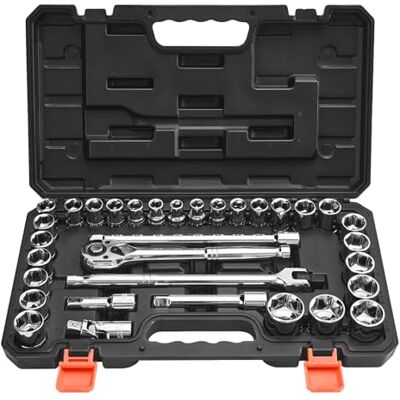 VEVOR Juego de Vasos y Trinquete 12,7 mm, SAE y Métrico, Juego de Herramientas con Llave de Trinquete, Barra de Extensión, Estuche de Transporte, Acero de Aleación CR-V, 430 x 245 x 64 mm, 33 uds VEVOR Juego de Vasos y Trinquete 12,7 mm, SAE y Métrico, Juego de Herramientas con Llave de Trinquete, Barra de Extensión, Estuche de Transporte, Acero de Aleación CR-V, 430 x 245 x 64 mm, 33 uds