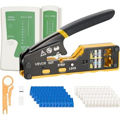 VEVOR Herramienta de Crimpado, Crimpadora RJ45 RJ11 RJ12 para Cable de Red Ethernet, con Pelacables, 50 Piezas de Conectores y 50 Piezas de Cubiertas Protectoras, Comprobador y Cuchillas de Repuesto VEVOR Herramienta de Crimpado, Crimpadora RJ45 RJ11 RJ12 para Cable de Red Ethernet, con Pelacables, 50 Piezas de Conectores y 50 Piezas de Cubiertas Protectoras, Comprobador y Cuchillas de Repuesto
