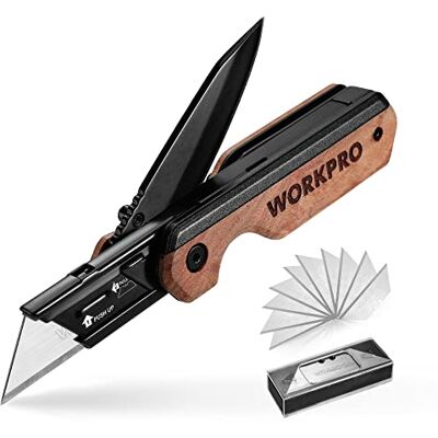 WORKPRO Cuchillo Plegable y Navaja 2 en 1, Cuter Utilitario de Aluminio, Navaja con Mango de Madera y Clip para Cinturón, Cambio Rápido, con 10 Cuchillas SK5 Extra WORKPRO Cuchillo Plegable y Navaja 2 en 1, Cuter Utilitario de Aluminio, Navaja con Mango de Madera y Clip para Cinturón, Cambio Rápido, con 10 Cuchillas SK5 Extra