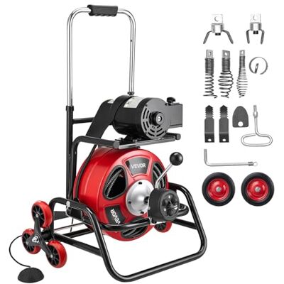 VEVOR Máquina de Limpieza de Desagües 30 m x 12,7 mm, Máquina de Limpieza de Tuberías con Alimentación Automática y Ruedas, Tambor Ajustable, 8 Cortadores y Pedal Neumático, para Tubos de 50-150 mm VEVOR Máquina de Limpieza de Desagües 30 m x 12,7 mm, Máquina de Limpieza de Tuberías con Alimentación Automática y Ruedas, Tambor Ajustable, 8 Cortadores y Pedal Neumático, para Tubos de 50-150 mm