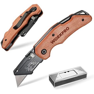 WORKPRO Cúter Plegable con Mango Madera, Cuchillo Plegable de Cambio Rápido, Cutter con Clip para Cinturón, con 10 Cuchillas SK5 WORKPRO Cúter Plegable con Mango Madera, Cuchillo Plegable de Cambio Rápido, Cutter con Clip para Cinturón, con 10 Cuchillas SK5