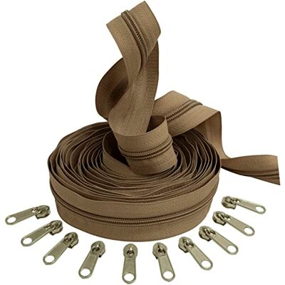 AERZETIX C62676x5-C62791x10 Kit de cremallera espiral 5m N°5 color: marrón claro + 10 cursores N°5 no bloqueable color: plata en nylon/metal merceria AERZETIX C62676x5-C62791x10 Kit de cremallera espiral 5m N°5 color: marrón claro + 10 cursores N°5 no bloqueable color: plata en nylon/metal merceria