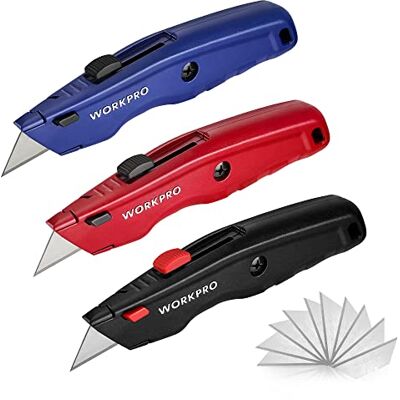 WORKPRO 3-piezas Cutter Profesional, Cúter Universal, Cortador Profesional con Mango de Aluminio Antideslizante, Cuchillo con 10 Cuchillas Adicionales, Multicolor WORKPRO 3-piezas Cutter Profesional, Cúter Universal, Cortador Profesional con Mango de Aluminio Antideslizante, Cuchillo con 10 Cuchillas Adicionales, Multicolor