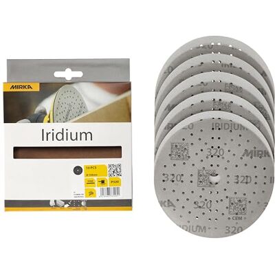 Mirka Iridium papel de lija Premium Ø 150mm cierre adhesivo 121-agujero, grano 320, 10 piezas/Para lijar laca, masilla, imprimación, madera, acero, materiales minerales, plásticos Mirka Iridium papel de lija Premium Ø 150mm cierre adhesivo 121-agujero, grano 320, 10 piezas/Para lijar laca, masilla, imprimación, madera, acero, materiales minerales, plásticos