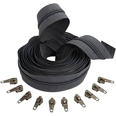 AERZETIX C62674x5-C62926x10 Kit de cremallera espiral 5m N°5 color: gris oscuro + 10 cursores N°5 autoblocantes color: plata en nylon/metal merceria AERZETIX C62674x5-C62926x10 Kit de cremallera espiral 5m N°5 color: gris oscuro + 10 cursores N°5 autoblocantes color: plata en nylon/metal merceria
