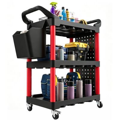 HOMCOM Carro de Taller de 3 Niveles con Paneles Perforados Negro y Rojo Carro de Herramientas, Asa Lateral, Ganchos, Cubeta, para Garaje Mecánico, Hogar HOMCOM Carro de Taller de 3 Niveles con Paneles Perforados Negro y Rojo Carro de Herramientas, Asa Lateral, Ganchos, Cubeta, para Garaje Mecánico, Hogar