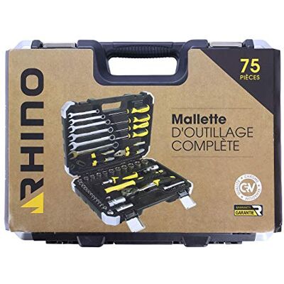 Rhino Maletín de herramientas de 75 piezas Estuche de herramientas para llaves, alicates, destornilladores, cúter, llave de trinquete, boquillas, martillo, puntas de atornillado, cromo vanadio Rhino Maletín de herramientas de 75 piezas Estuche de herramientas para llaves, alicates, destornilladores, cúter, llave de trinquete, boquillas, martillo, puntas de atornillado, cromo vanadio