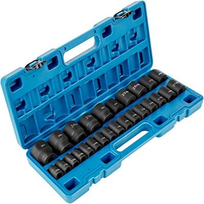 VEVOR Juego de vasos de impacto de 1/2", 26 piezas, vasos de impacto poco profundos de 10-36 mm, acero de aleación CR-V de 6 puntos, con estuche de transporte, para reparación de automóviles VEVOR Juego de vasos de impacto de 1/2", 26 piezas, vasos de impacto poco profundos de 10-36 mm, acero de aleación CR-V de 6 puntos, con estuche de transporte, para reparación de automóviles