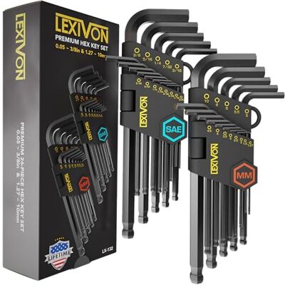 LEXIVON Juego de llaves Allen, 26 llaves hexagonales métricas y SAE, diseño de extremo de bola de brazo largo en forma de L, acero de aleación S2 de grado industrial () LEXIVON Juego de llaves Allen, 26 llaves hexagonales métricas y SAE, diseño de extremo de bola de brazo largo en forma de L, acero de aleación S2 de grado industrial ()
