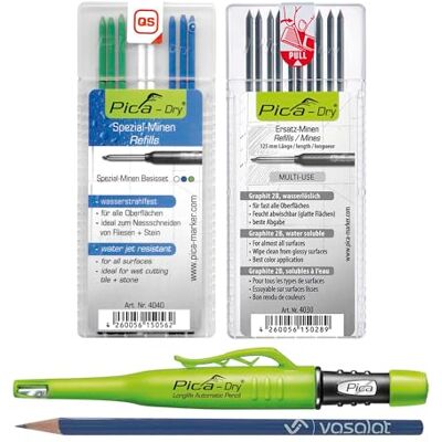 vasalat Pica Juego de rotuladores Pica Dry para agujeros profundos + 10 minas de repuesto grafito 2B Multi-uso + 8 minas de repuesto resistentes al agua en azul/blanco/verde vasalat Pica Juego de rotuladores Pica Dry para agujeros profundos + 10 minas de repuesto grafito 2B Multi-uso + 8 minas de repuesto resistentes al agua en azul/blanco/verde