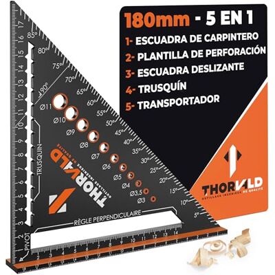 THORVALD 5 en 1 Escuadra Carpintero 180 mm – Multifunción: Trusquin/Transportador/Plantilla de Perforación/Escuadra de Deslizamiento – Aluminio – Herramienta para Ganar Tiempo THORVALD 5 en 1 Escuadra Carpintero 180 mm – Multifunción: Trusquin/Transportador/Plantilla de Perforación/Escuadra de Deslizamiento – Aluminio – Herramienta para Ganar Tiempo