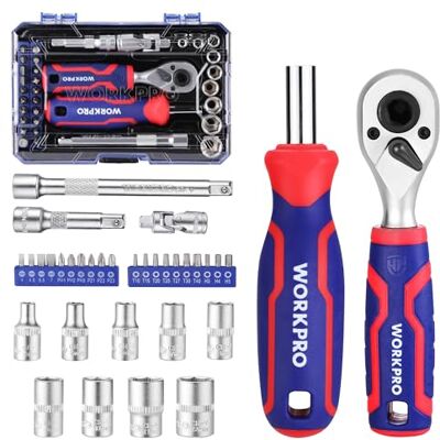 WORKPRO Caja de Herramientas, Juego de 34 Piezas de Llaves de Vaso de 1/4", Set de Trinquete con Destornillador y Puntas, Llave de Carraca de 72T para DIY, Reparación de Coches, Mantenimiento Diario WORKPRO Caja de Herramientas, Juego de 34 Piezas de Llaves de Vaso de 1/4", Set de Trinquete con Destornillador y Puntas, Llave de Carraca de 72T para DIY, Reparación de Coches, Mantenimiento Diario