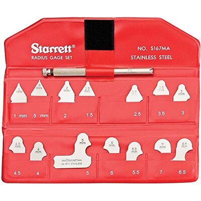 Starrett Radius Juego de medidor de radios con soporte, acabado satinado, rango de 0,5 a 7 mm, aumento de 0,5 mm, calibres 14 Starrett Radius Juego de medidor de radios con soporte, acabado satinado, rango de 0,5 a 7 mm, aumento de 0,5 mm, calibres 14