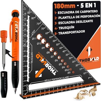 THORVALD 5 en 1 Escuadra Carpintero 180 mm + Lápiz de Obra – Multifunción: Trusquin/Transportador/Plantilla de Perforación/Escuadra de Deslizamiento – Aluminio – Herramienta para Ganar Tiempo THORVALD 5 en 1 Escuadra Carpintero 180 mm + Lápiz de Obra – Multifunción: Trusquin/Transportador/Plantilla de Perforación/Escuadra de Deslizamiento – Aluminio – Herramienta para Ganar Tiempo