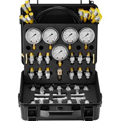VEVOR Kit de prueba de presión hidráulica, 10/100/250/400/600 bar, 5 manómetros, 13 accesorios, 14 conectores en T, 5 mangueras, manómetro con estuche de transporte para excavadoras VEVOR Kit de prueba de presión hidráulica, 10/100/250/400/600 bar, 5 manómetros, 13 accesorios, 14 conectores en T, 5 mangueras, manómetro con estuche de transporte para excavadoras